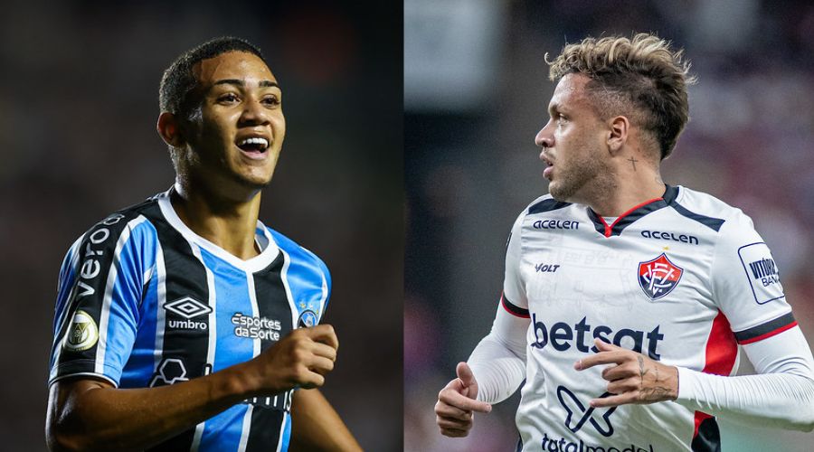 Jogadores das equipes em partidas (foto: LUCAS UEBEL/GREMIO FBPA - Victor Ferreira / Vitória )