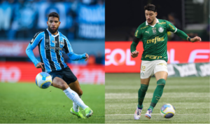 Pepê, do Grêmio, e Piquerez, do Palmeiras (foto: LUCAS UEBEL/GREMIO FBPA e Cesar Greco/Palmeiras)