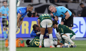 Estêvão sofreu entorses no tornozelo e no joelho esquerdo (foto: Cesar Greco/Palmeiras)