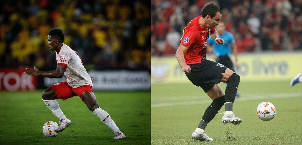 Mosquera, do Bragantino, e Pablo, do Athletico-PR (foto: Ari Ferreira/Red Bull Bragantino e Albari Rosa / AFP)