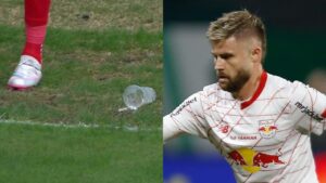 Atacante do Bragantino foi atingido por copo arremessado por torcedor do Cruzeiro (foto: Reprodução/Premiere e Ari Ferreira/Bragantino)