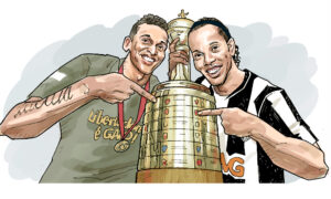 Ronaldinho ao lado de Jô com a taça da Libertadores de 2013 (foto: Arte: Quinho)