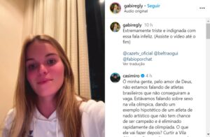 Comentarista indica que atletas de modalidade vão à Olimpíada ‘comer gente’, e competidora se revolta