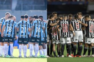 Jogadores do Grêmio (esquerda) e Atlético (direita) reunidos (foto: Lucas Ubel/Grêmio e Pedro Souza/Atlético)