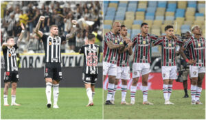 Jogadores de Atlético e Fluminense, respectivamente, em comemoração (foto: Ramon Lisboa/EM/D.A Press e Marcelo Gonçalves/Fluminense)