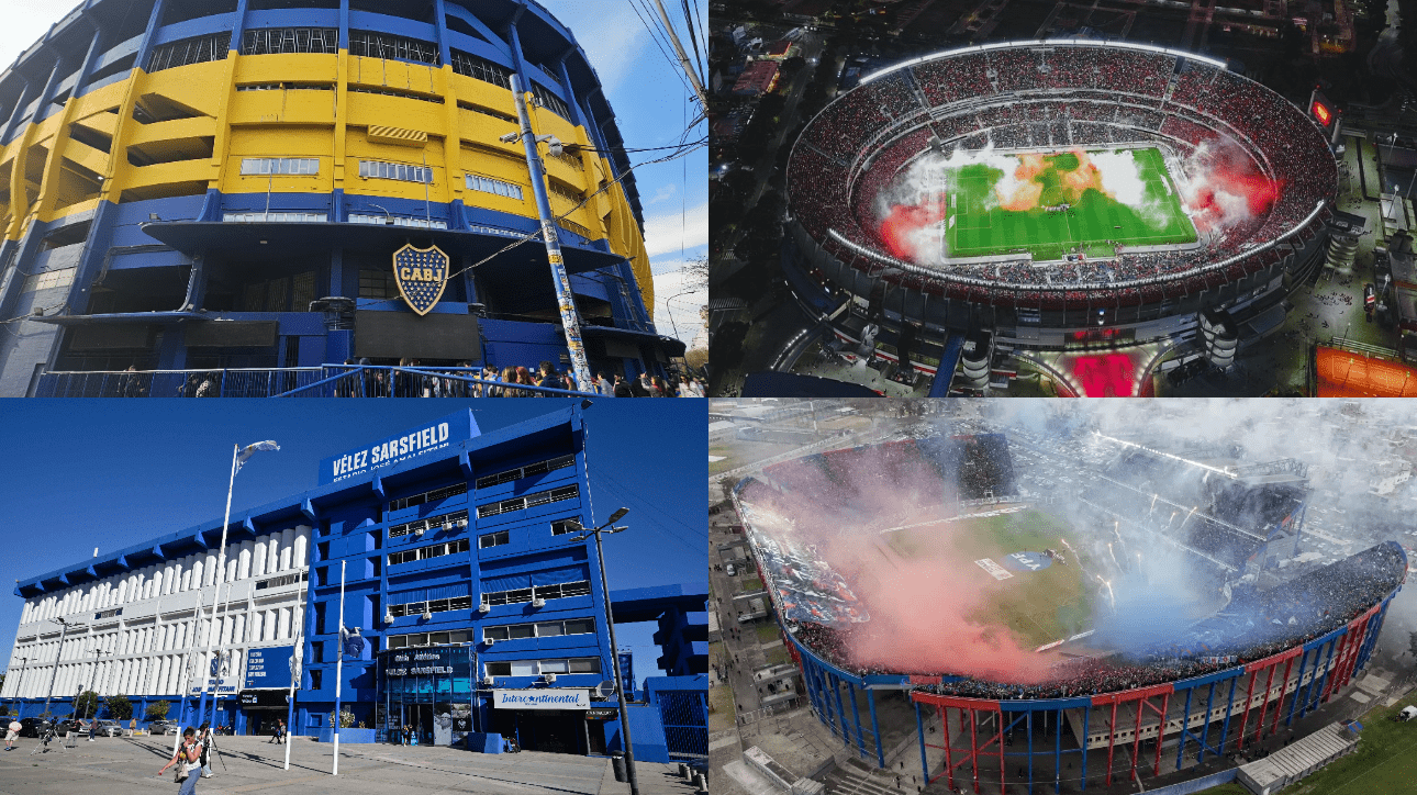 Bombonera, Monumental, José Amalfitani e Nuevo Gasómetro (foto: João Victor Pena/No Ataque/D.A Press; Divulgação/River Plate; Luis Robayo/AFP; Divulgação/San Lorenzo)