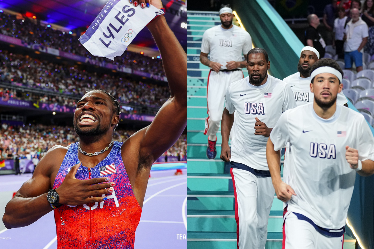 Noah Lyles (esquerda) e jogadores da NBA (direita) (foto: Divulgação / Time EUA)