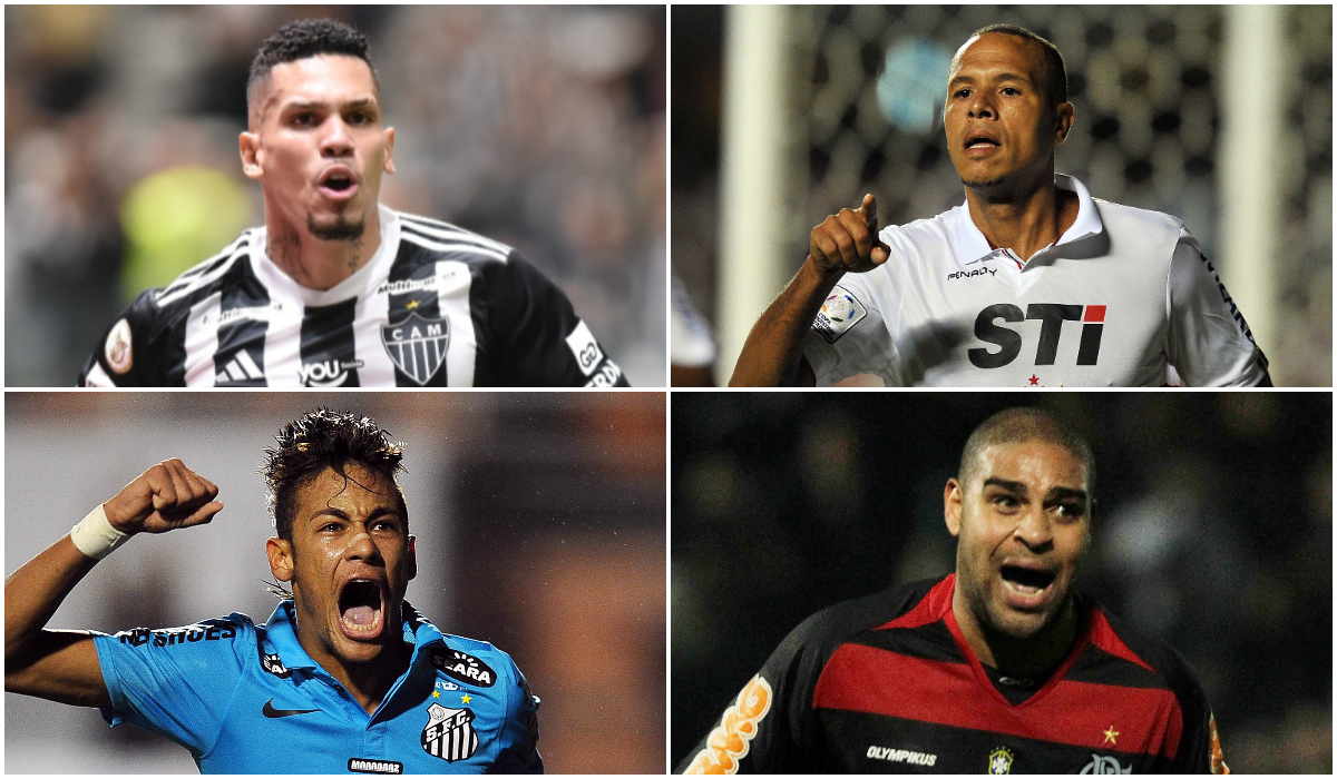 Paulinho, Luís Fabiano, Neymar e Adriano: alguns dos goleadores brasileiros na Libertadores (foto: Ramon Lisboa/EM/D.A Press, Nelson Almeida/AFP, Miguel Schincariol/AFP e Ivan Alvarado/REUTERS)