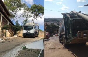 Por risco de choque, motorista fica preso no caminhão de coleta de lixo após veículo bater em poste