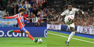 Griezmann, do Atlético de Madrid, e Vinicius Jr, do Real Madrid (foto: Thomas COEX / AFP e JAVIER SORIANO / AFP)