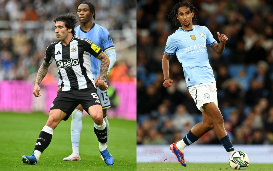 Tonali, do Newcastle, e Braithwaite, do Manchester City (foto: ANDY BUCHANAN / AFP e Darren Staples / AFP)