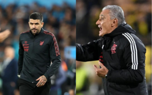 Lucho González, técnico do Athletico-PR, e Tite, do Flamengo (foto: ALEJANDRO PAGNI / AFP e Eitan Abramovich/AFP)