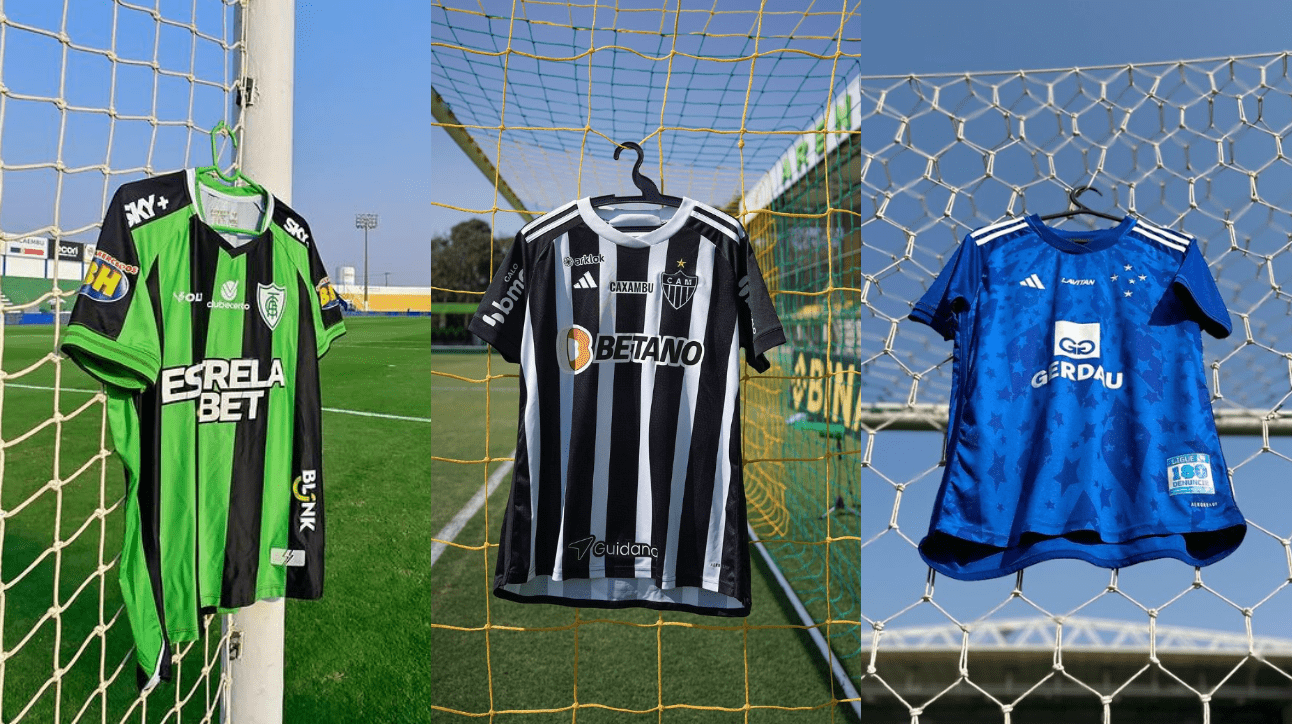 Camisas de América, Atlético e Cruzeiro (foto: Mourão Panda/América; Divulgação/Atlético; Divulgação/Cruzeiro)