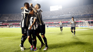 Jogadores do Botafogo comemorando gol sobre o São Paulo, pela Libertadores (foto: Vitor Silva/Botafogo)