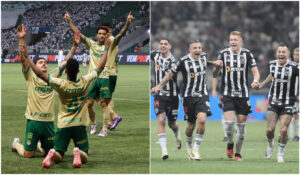 Jogadores de Palmeiras e Atlético em comemorações (foto: Montagem com imagens de Cesar Greco/Palmeiras e Alexandre Guzanshe/EM/D.A Press)