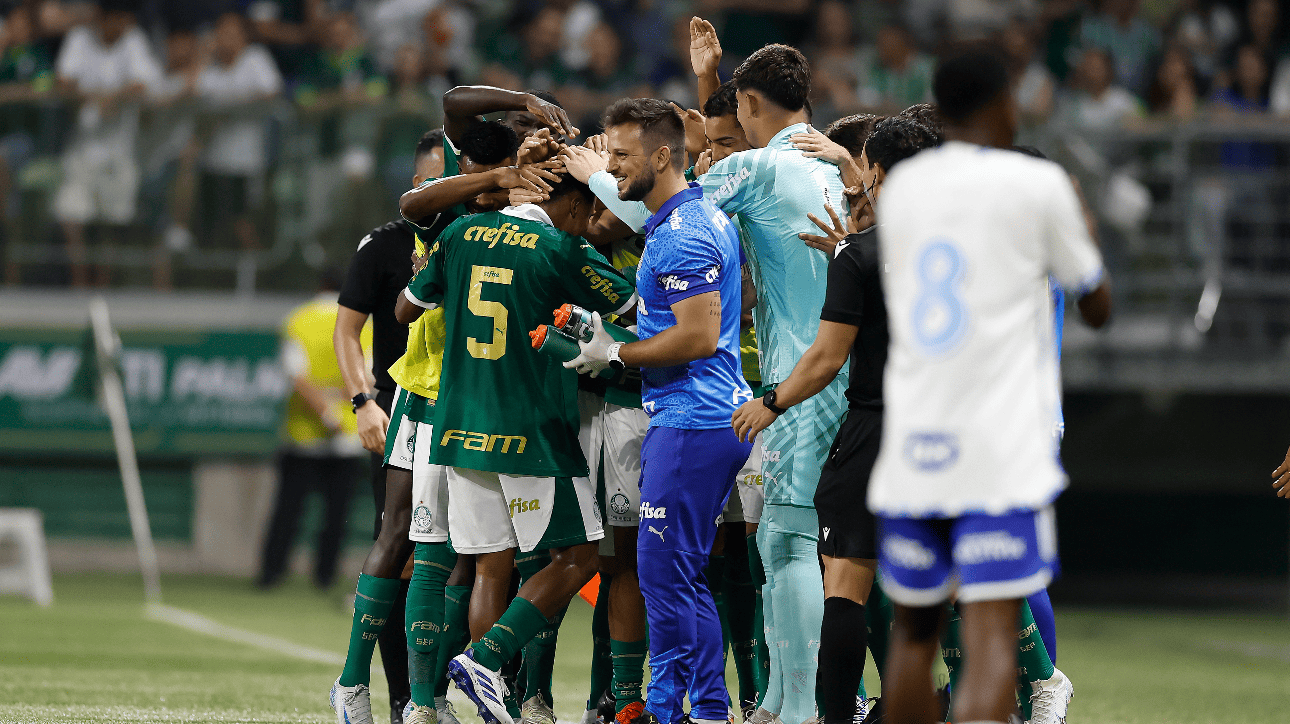 Jogadores da equipe sub-20 do Palmeiras comemorando gol sobre Cruzeiro na final do Campeonato Brasileiro (foto: Rafael Ribeiro/CBF)