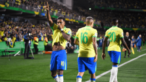 Rodrygo, atacante da Seleção Brasileira e do Real Madrid, comemorando gol sobre Equador, pelas Eliminatórias (foto: Mauro Pimentel/AFP)