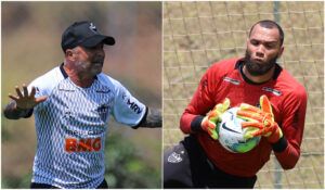 Sampaoli e Everson durante treino do Atlético na Cidade do Galo (11/9/2020) (foto: Montagem com imagens de Pedro Souza/Atlético)