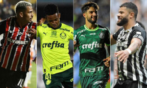 Luciano (São Paulo), Estevão (Palmeiras), Flaco López (Palmeiras) e Hulk (Atlético) (foto: AFP/PHOTO e Alexandre Guzanshe/EM D.A Press)