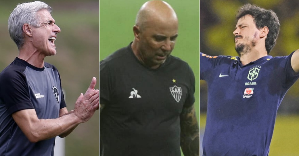 Luis Castro, Sampaoli e Fernando Diniz (foto: Montagem com fotos: Vítor Silva/Botafogo - 
Edésio Ferreira/EM/D.A Press - Juan Barreto/AFP via Getty Images)