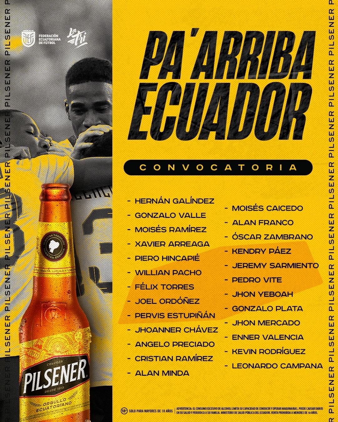 A lista de convocados do Equador, com Alan Franco, para os jogos contra Paraguai e Uruguai - (foto: Reprodução/Instagram/LaTri)