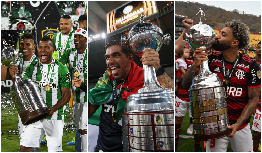 Atlético Nacional, Palmeiras e Flamengo: os únicos a ganharem o mata-mata nacional e a Libertadores em uma mesma temporada - (foto: Montagem com imagens de Luis Acosta/AFP (2) e Divulgação/Palmeiras)