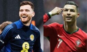 Robertson, da Escócia, e Cristiano Ronaldo, de Portugal (foto: Reprodução/Escócia e Portugal)