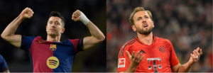 Lewandowski, do Barcelona, e Harry Kane, do Bayern (foto: Josep LAGO / AFP e LUKAS BARTH-TUTTAS / AFP)