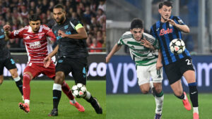 Brest e Leverkusen empataram por 1 a 1 na terceira rodada da Champions League. já Atalante e Celtic não balançaram as redes (foto: DAMIEN MEYER e ISABELLA BONOTTO/AFP)