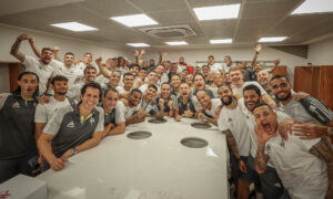 Jogadores do Atlético comemoram classificação na Libertadores (foto: Pedro Souza/Atlético)