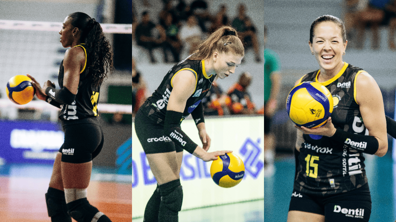 Nia Reed, Sofya Kuznetsova e Monique Pavão, jogadoras de vôlei do Praia Clube (foto: Eliezer Esportes/Praia Clube)