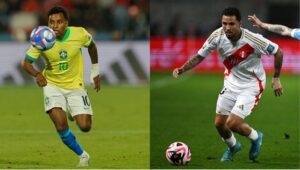 Rodrygo, camisa 10 do Brasil, e Sergio Peña, 10 do Peru (foto: ERNESTO BENAVIDES / AFP e Javier TORRES / AFP)