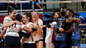 Jogadoras de vôlei da equipe feminina do Osasco e da equipe masculina do Suzano (foto: Carol Fotografia/Osasco; Divulgação/Suzano Vôlei)