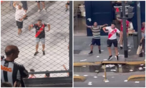 Torcedores do River fazem gestos racistas em direção a atleticanos (foto: Reprodução/Gledson Paraíba )