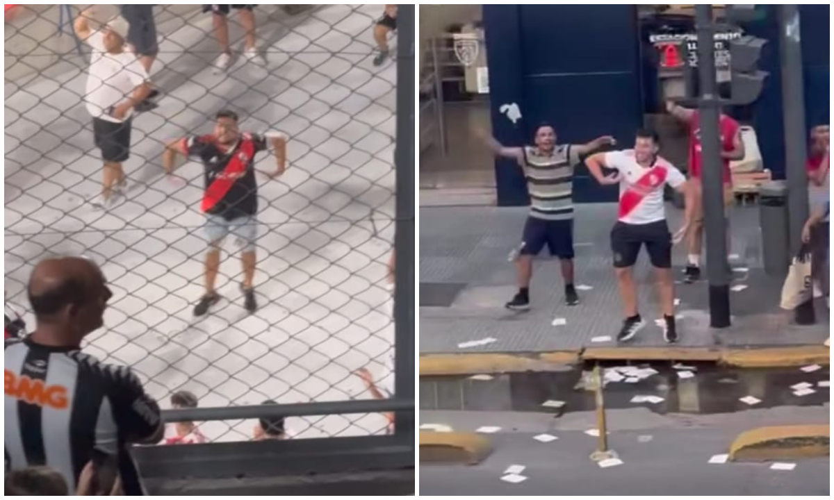 Torcedores do River fazem gestos racistas em direção a atleticanos (foto: Reprodução/Gledson Paraíba )