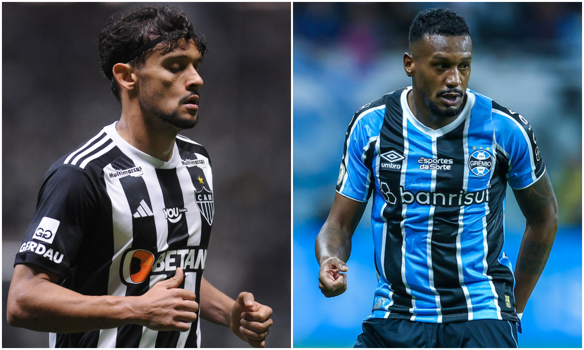 Scarpa e Edenilson, meio-campistas de Atlético e Grêmio (foto: Pedro Souza/Atlético e LUCAS UEBEL/GREMIO FBPA)