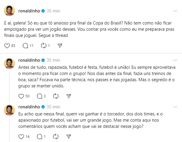 Opinião de Ronaldinho sobre Atlético x Flamengo - (foto: Reprodução/Threads Ronaldinho)