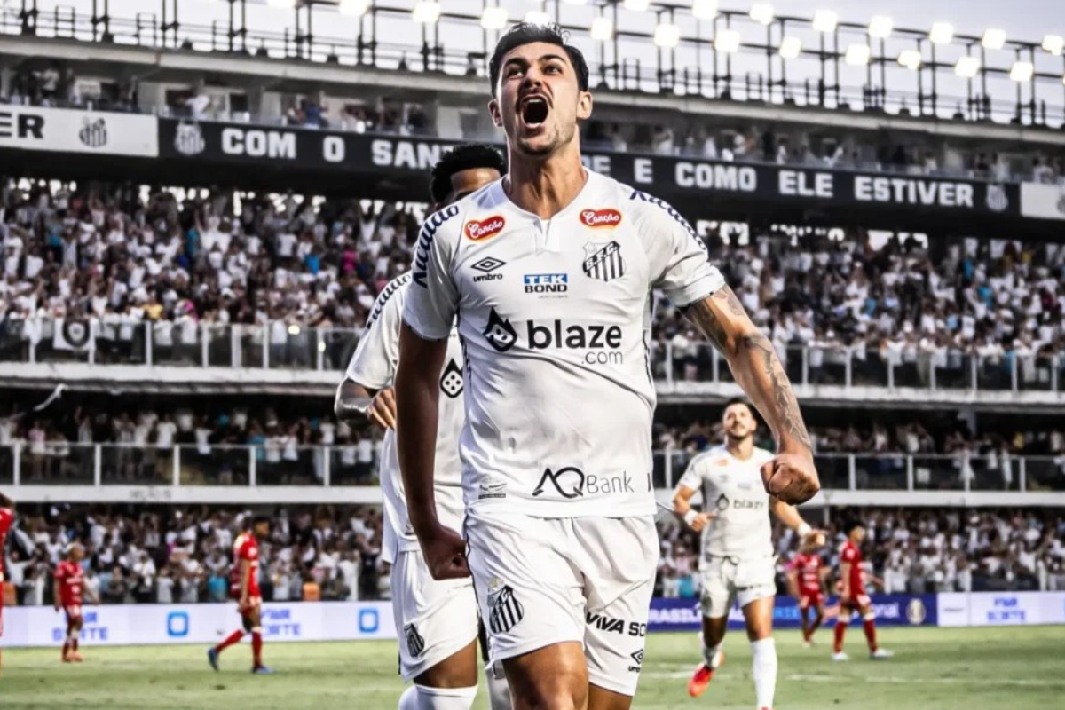 Jogador do Santos comemorando gol (foto: Raul Baretta / Santos)