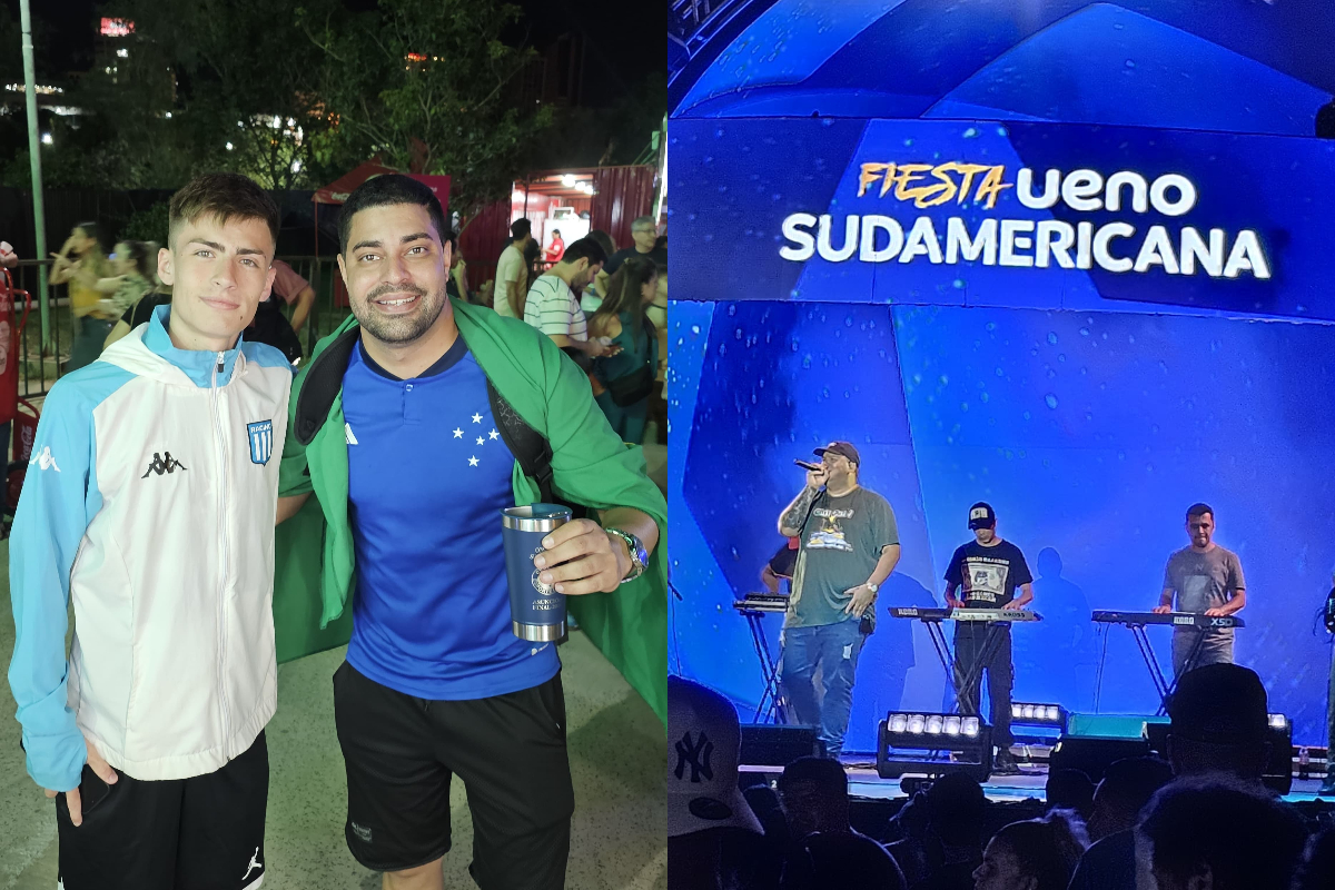 Montagem com torcedores de Racing e Cruzeiro e palco de fan fest da Sul-Americana (foto: João Victor Pena / No Ataque )