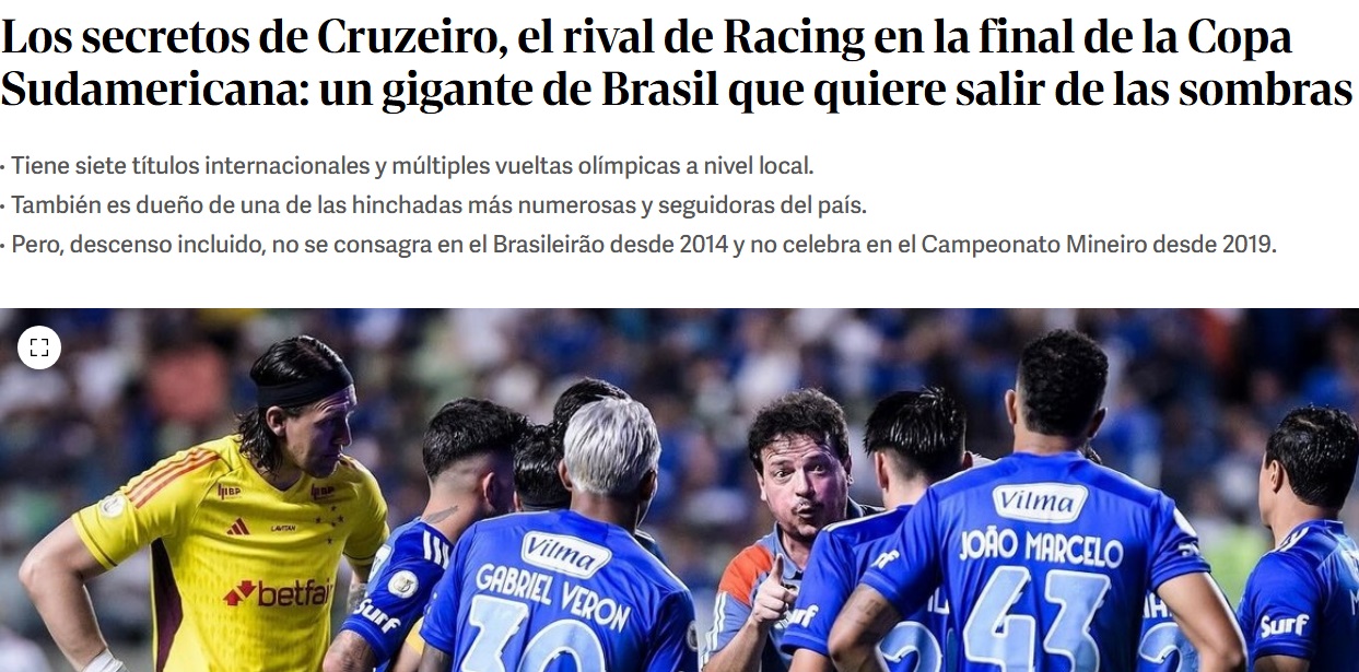 Jornal argentino exalta Cruzeiro antes da final: ‘Gigante que quer sair das sombras’