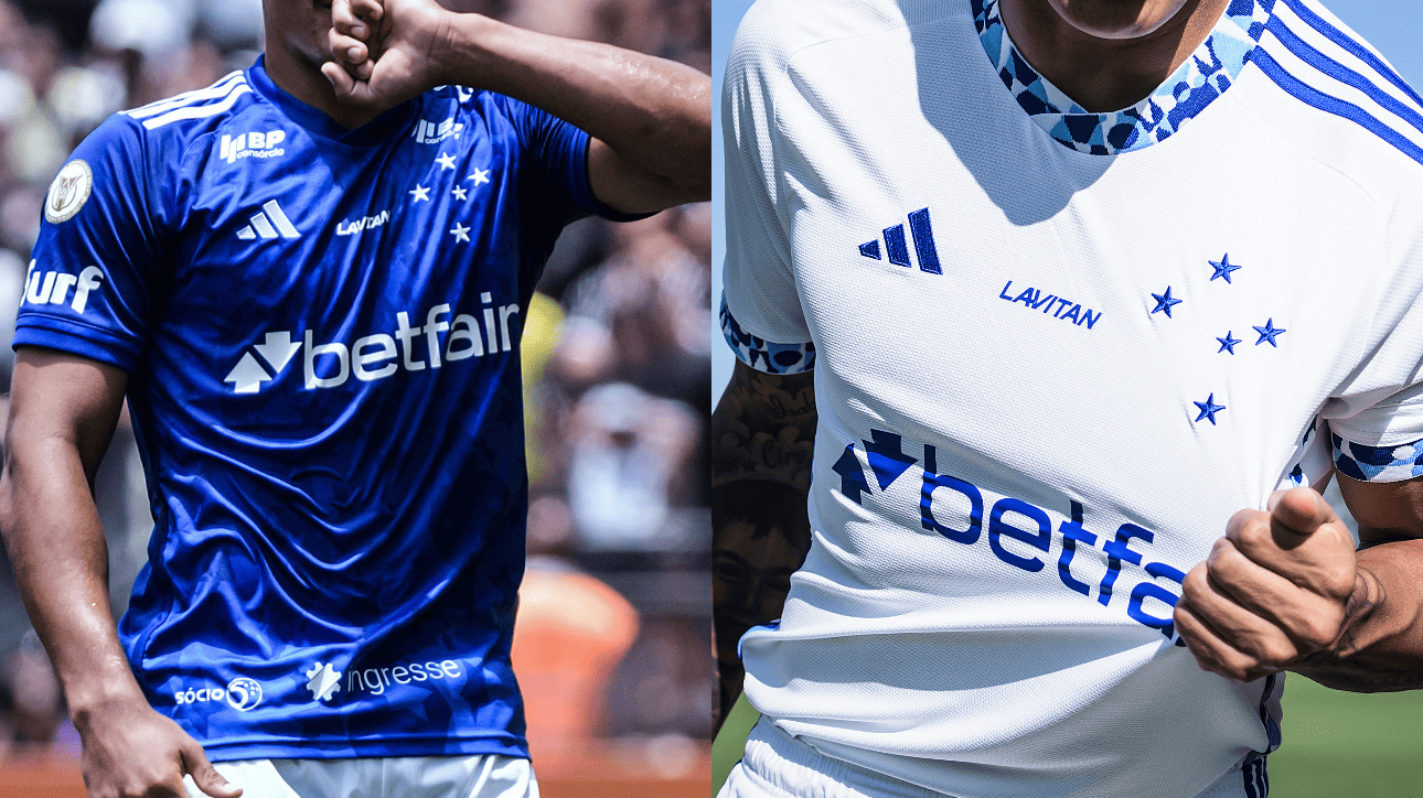 Camisas azul e branca do Cruzeiro para a temporada 2024 (foto: Gustavo Aleixo/Cruzeiro; Divulgação/Cruzeiro)