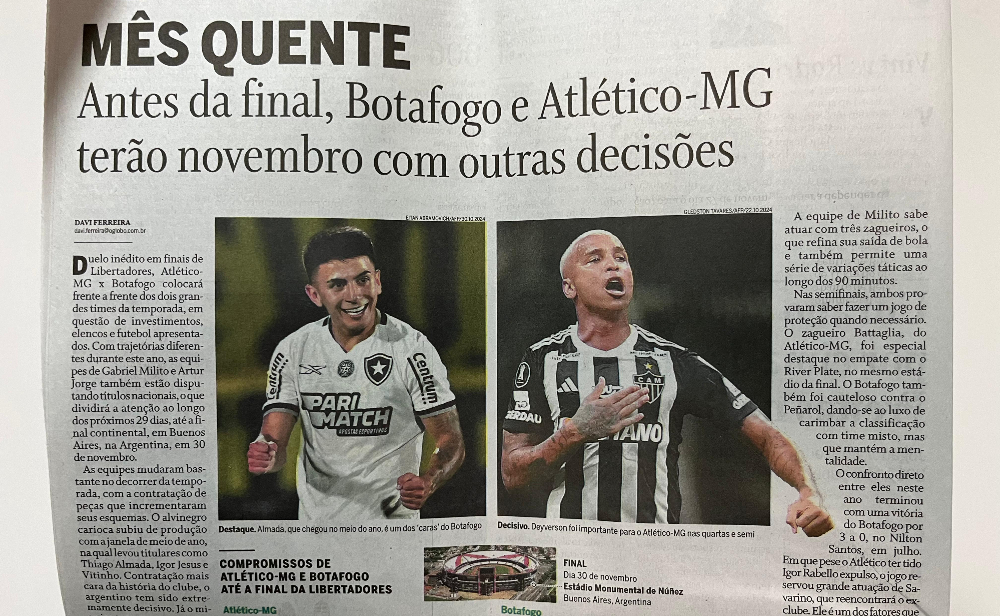 O Globo destaca mês decisivo para Botafogo e Atlético antes de final da Libertadores (foto: Lucas Bretas/No Ataque)