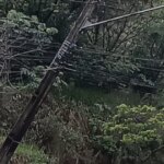 Poste amanhece inclinado na avenida Presidente Tancredo de Almeida Neves, em Coronel Fabriciano