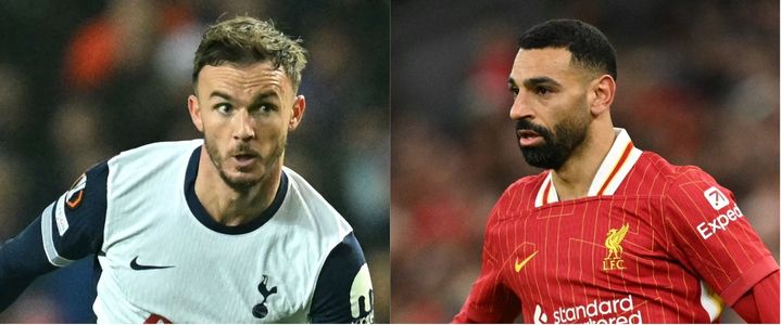 Maddison, do Tottenham, e Salah, do Liverpool (foto: ANDY BUCHANAN / AFP e Oli SCARFF / AFP)