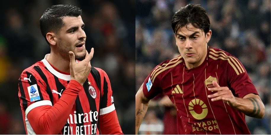 Morata, do Milan, e Dybala, da Roma (foto: Isabella BONOTTO / AFP e Alberto PIZZOLI / AFP)