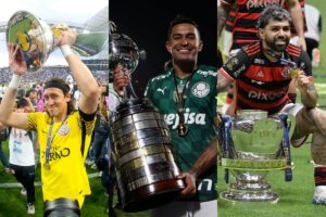 Cássio segurando o troféu do Campeonato Brasileiro; Dudu segurando o troféu da Copa Libertadores; Gabigol ao lado do troféu da Copa do Brasil (foto: Agência Corinthians - Cesar Greco/Palmeiras - Divulgação/X/Copa do Brasil )