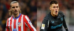 Antoine Griezmann, do Atlético de Madrid, e Patrik Schick, do Bayer Leverkusen (foto: Odd ANDERSEN / AFP e Pierre-Philippe MARCOU / AFP)