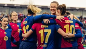 Jogadoras do Barcelona comemorando um dos gols na final (foto: Barcelona/Divulgação)