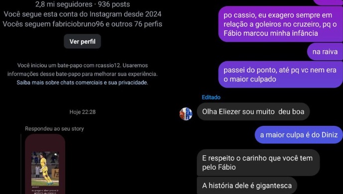 Troca de mensagens entre Cássio e torcedor do Cruzeiro (foto: Reprodução)