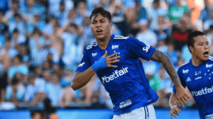 Kaio Jorge, do Cruzeiro, comemorando gol sobre Racing, na final da Copa Sul-Americana (foto: Daniel Duarte/AFP)